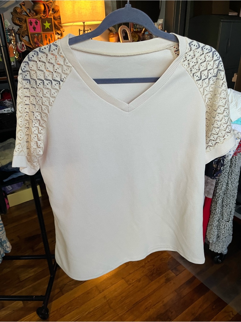 Amazon Women's Cream V-Neck Knit Top with Lace Raglan Sleeves